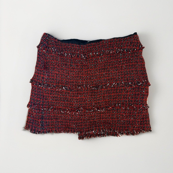 CARLISLE Wool Blend Wrap Mini Skirt Women Size 18 Classic Fringe Red Black White - Picture 3 of 11